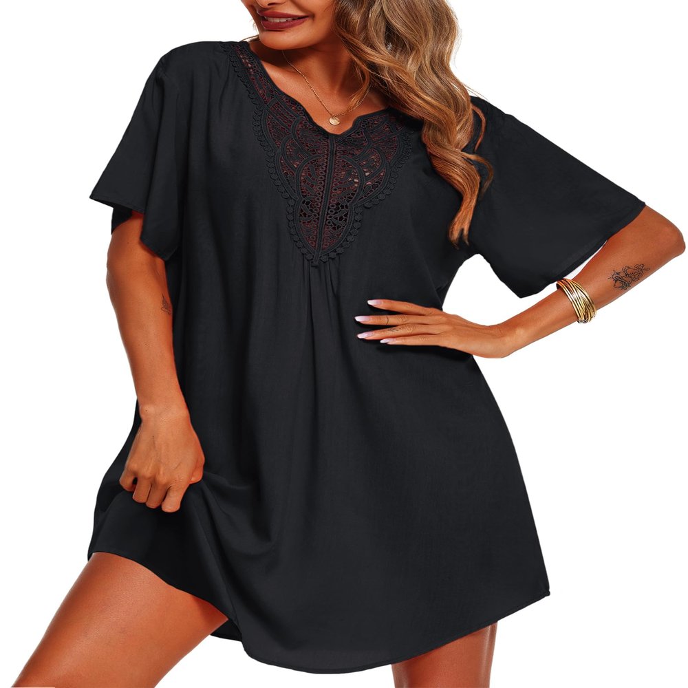 Supnier Bathing Suit Cover Ups for Women V Neck Black Flowy Beach Cover Up Dress Swimwear Vacation Summer Outfits L