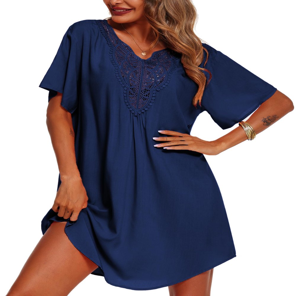 Supnier Womens Swimsuit Beach Cover Up Tunic Short Sleeve Coverups for Bathing Suits Plus Size Navy Blue 3XL
