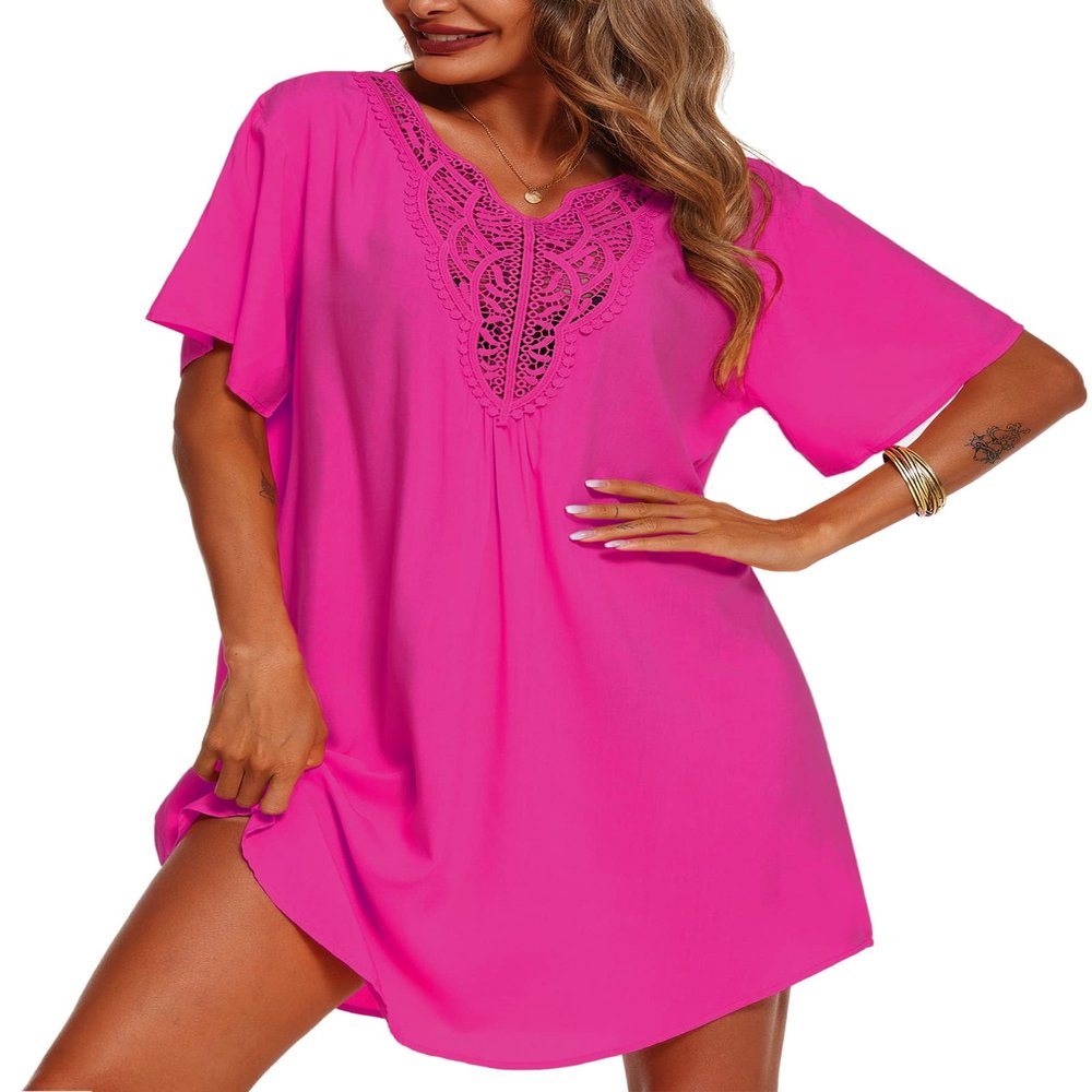 Supnier Women's V-Neck Swimwear Swimsuit Cover Ups Plus Size Flowy Loose Beach Coverup Dress Hot Pink 2XL