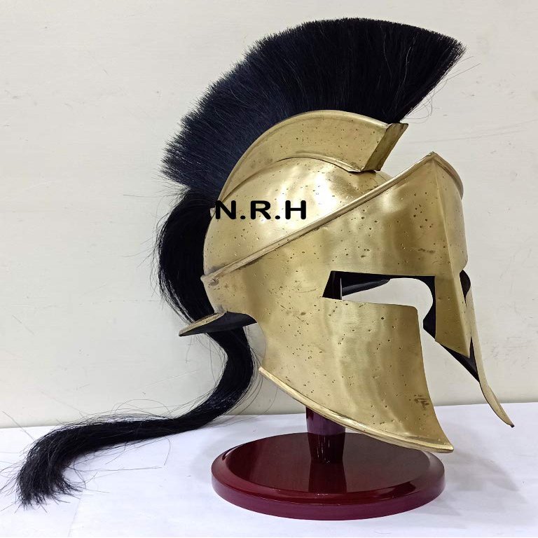 Medieval Antique Brass Helmet Armour King Leonidas Greek Spartan 300 Roman Halloween Helmet with Wooden Stand