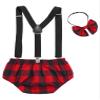Kaerm 3Pcs Newborn Gentleman Suit Plaid Briefs + Suspender Overalls + Bow Tie Set Baby Boy 1st Birthday Outfit Red 6-9 Months view 2
