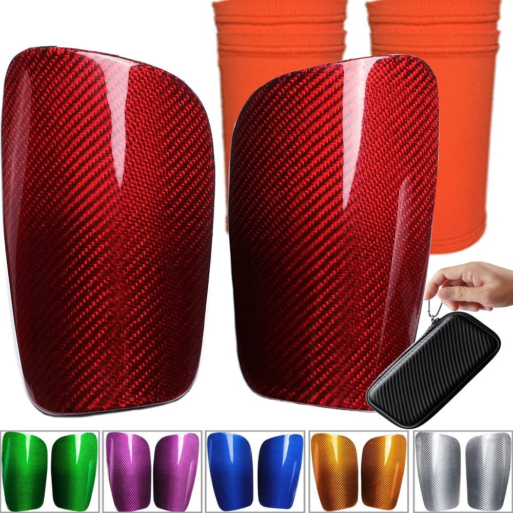 Carbon Fiber Soccer Shin Guards, with Portable Carrying Case, Super Strong, Ultra Light, Shock Resistance, Air Permeability, Suitable for Adult, Youth, Kid, Effective Protection (Large, Red+Sleeves)