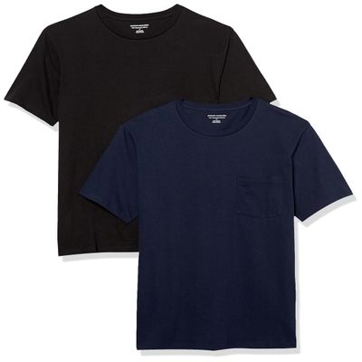 Amazon Essentials Men's T-Shirts, Short-Sleeve Crewneck Pocket, Cotton, 2-Pack, X-Small, Black/Navy