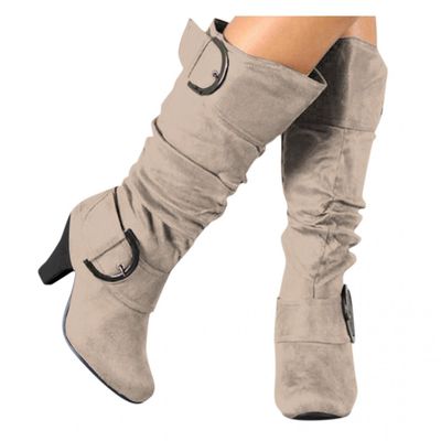 Bcshiye Women's Mid-Calf Boots Round Toe Low Heel Zipper Buckle Slouchy Wide Calf Wide Width Knee High Boots Shoes