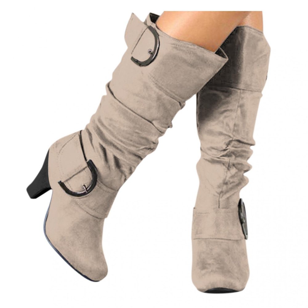 Bcshiye Women's Mid-Calf Boots Round Toe Low Heel Zipper Buckle Slouchy Wide Calf Wide Width Knee High Boots Shoes