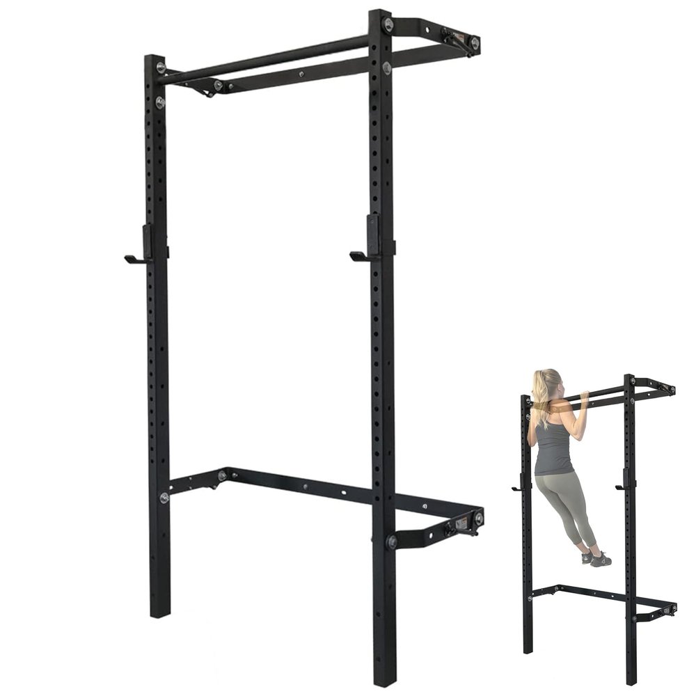 PRx Performance Murphy Foldable Squat Rack with Space-Saving Pull-Up Bar - Wall-Mounted Gym Equipment, Includes J-Cups for Barbell, Ideal for Strength Training, Bench Press and Leg Squats (Straight Pull-Up Bar)