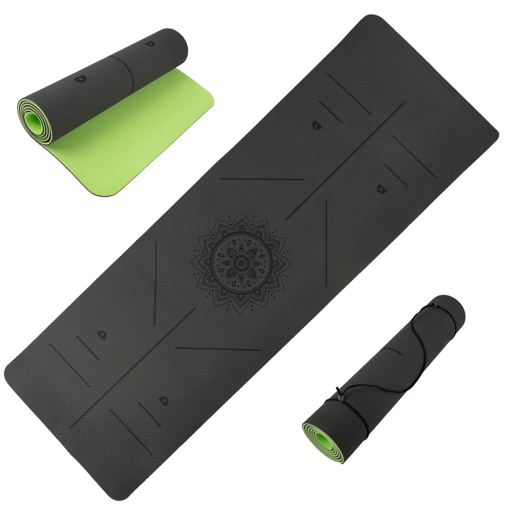 Yoga Mat with Alignment Marks - Lightweight Exercise Mat with Carry Strap for Home Workout or Travel by Wakeman Outdoors (Gray and Green)