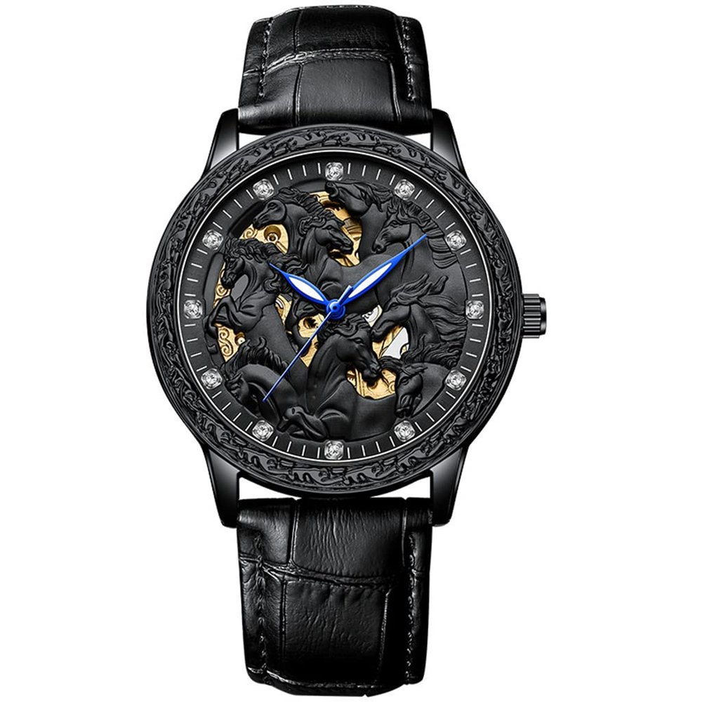 SHATONG Men's Fashion Eight Horses Carved Watch Luminous Three-Hand Waterproof Mechanical Watch Leather Strap,dial Diameter 44mm