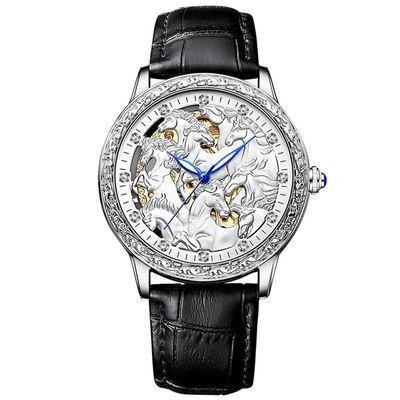 SHATONG Carved Eight Horses Fashion Hollow Automatic Mechanical Watch Waterproof Leather Strap Watch