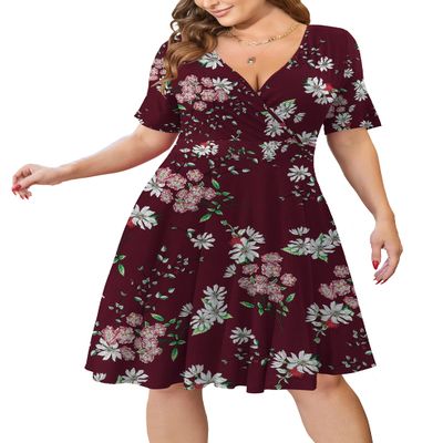 Ahlaray Womens Plus Size Dresses Short Sleeve Faux Wrap Causal Swing Floral Dress with Pockets, 5, XL