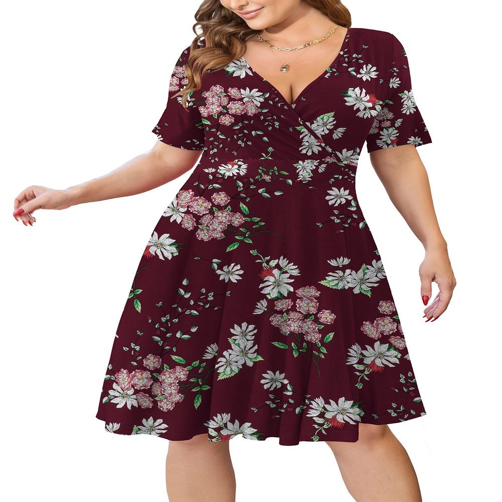 Ahlaray Womens Plus Size Dresses Short Sleeve Faux Wrap Causal Swing Floral Dress with Pockets, 5, XL