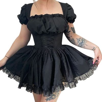 Women Smocked Square Neck Gothic Dress Short Sleeve Steampunk Goth Lolita Lace Dress Black Vintage Grunge Cocktail Dress Layered Lace-up Punk Goth Dress Harajuku Alt Evening Gown Black-Short Sleeve M