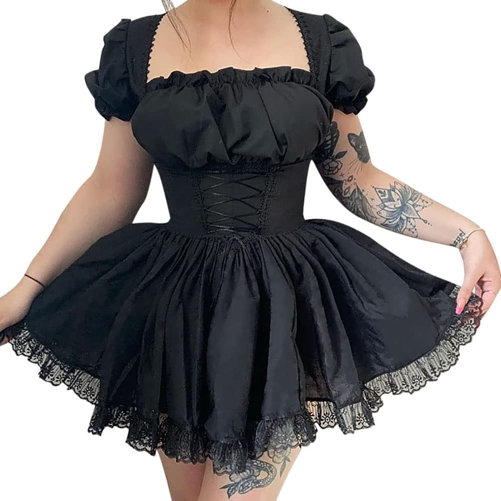 Women Smocked Square Neck Gothic Dress Short Sleeve Steampunk Goth Lolita Lace Dress Black Vintage Grunge Cocktail Dress Layered Lace-up Punk Goth Dress Harajuku Alt Evening Gown Black-Short Sleeve M