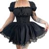 Women Smocked Square Neck Gothic Dress Short Sleeve Steampunk Goth Lolita Lace Dress Black Vintage Grunge Cocktail Dress Layered Lace-up Punk Goth Dress Harajuku Alt Evening Gown Black-Short Sleeve M view 1