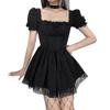 Women Smocked Square Neck Gothic Dress Short Sleeve Steampunk Goth Lolita Lace Dress Black Vintage Grunge Cocktail Dress Layered Lace-up Punk Goth Dress Harajuku Alt Evening Gown Black-Short Sleeve M view 2
