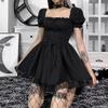 Women Smocked Square Neck Gothic Dress Short Sleeve Steampunk Goth Lolita Lace Dress Black Vintage Grunge Cocktail Dress Layered Lace-up Punk Goth Dress Harajuku Alt Evening Gown Black-Short Sleeve M view 3