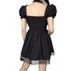 Women Smocked Square Neck Gothic Dress Short Sleeve Steampunk Goth Lolita Lace Dress Black Vintage Grunge Cocktail Dress Layered Lace-up Punk Goth Dress Harajuku Alt Evening Gown Black-Short Sleeve M view 4