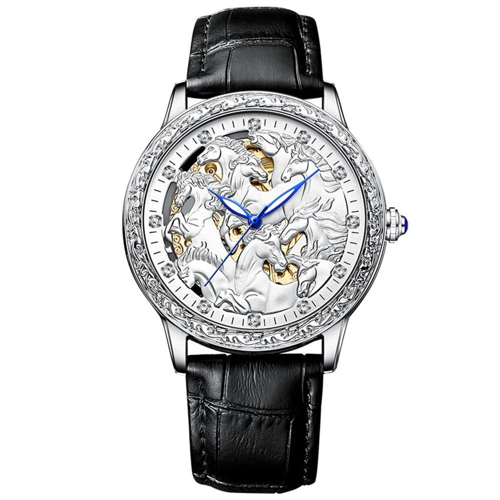 SHATONG Men's Fashion Eight Horses Carved Watch Luminous Three-Hand Waterproof Mechanical Watch Leather Strap,dial Diameter 44mm