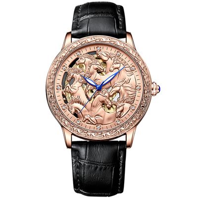 SHATONG Men's Fashion Eight Horses Carved Watch Luminous Three-Hand Waterproof Mechanical Watch Leather Strap,dial Diameter 44mm