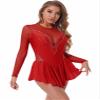 FEESHOW Women's Adult Figure Ice Skating Dress Long Sleeves Ice Skating Skirt Competition Gymnastics Leotard Red Medium view 2
