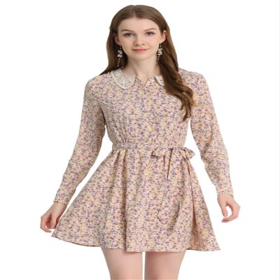 Allegra K Women's Peter Pan Collar Lace Trim Button Long Sleeves Floral Shirt Dress with Belt Beige S