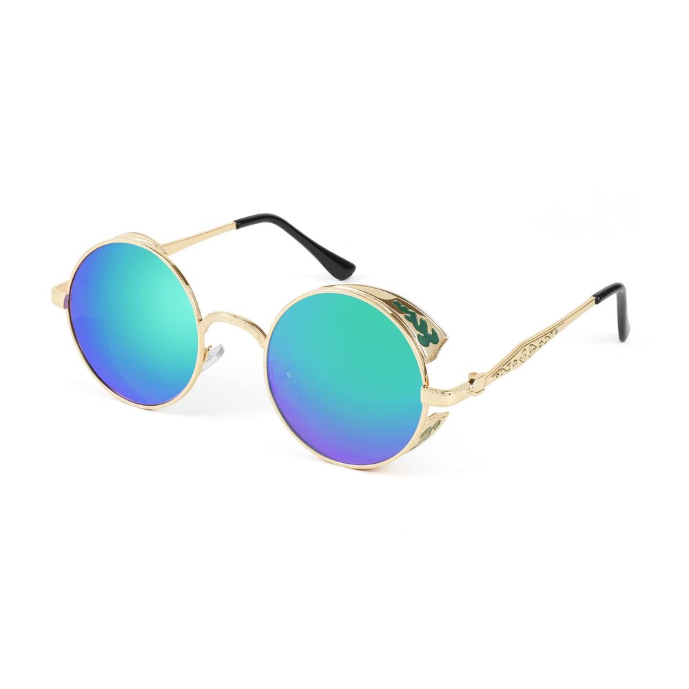 FEISEDY Retro Steampunk Polarized Sunglasses Round Metal Frame Gothic Shades Design Men Women B2820 (006 Gold Frame & Green Polarized Lens, 50)