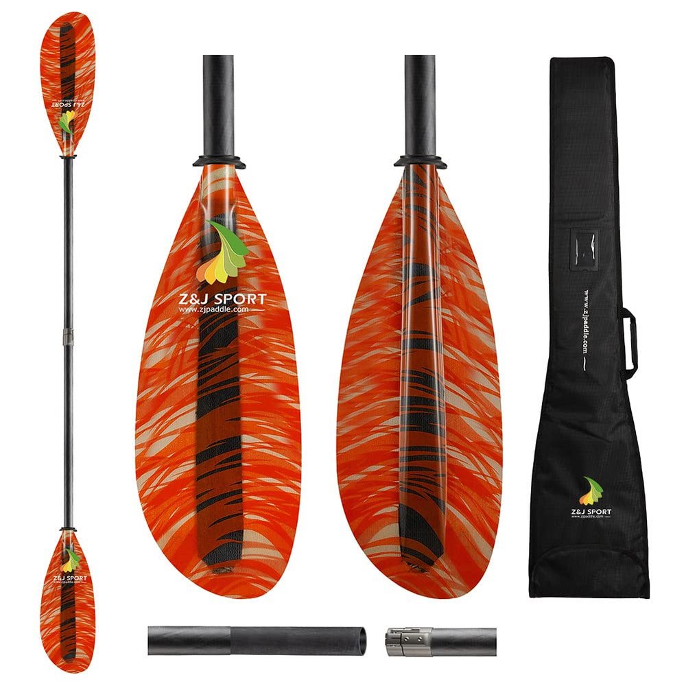 Z&J SPORT Kayak Paddle with Bag, Carbon Shaft and Fiberglass Blade, Recreational Touring Kayak Paddle for Dynamic Kayaking in Ocean, River, Lake (Red Fiber,Straight-210-220cm)