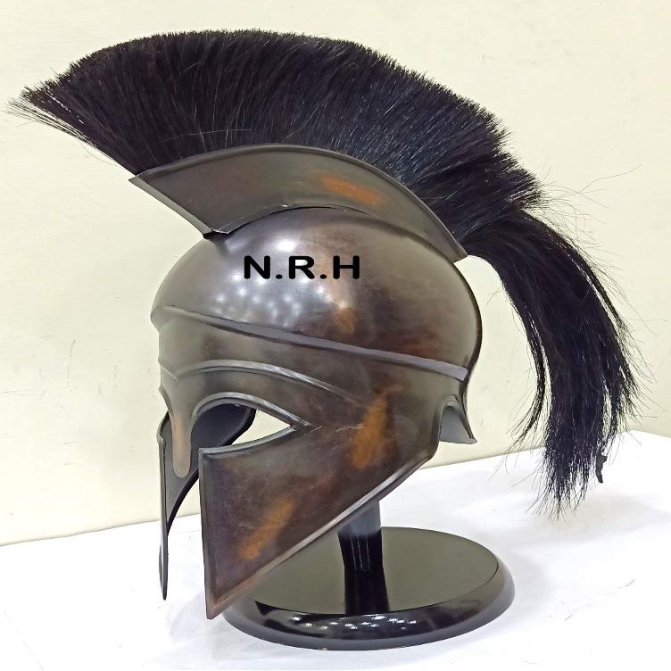 Medieval Greek Corinthian Halloween Helmet Armor Knight Spartan Wooden Stand Helmet with Black Plume