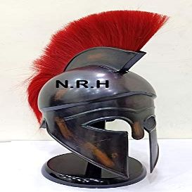 Medieval Greek Spartan Corinthian Helmet with red Plume Ancient Wooden Stand Antique Two Ton Halloween Helmet