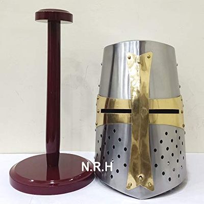 Brass Crusader Helmet Armor (Great Helm) with Wooden Stand Handmade Silver Halloween Helmet