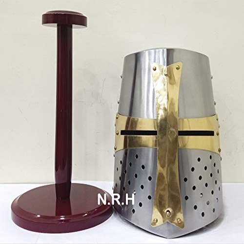 Brass Crusader Helmet Armor (Great Helm) with Wooden Stand Handmade Silver Halloween Helmet