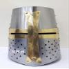 Brass Crusader Helmet Armor (Great Helm) with Wooden Stand Handmade Silver Halloween Helmet view 2