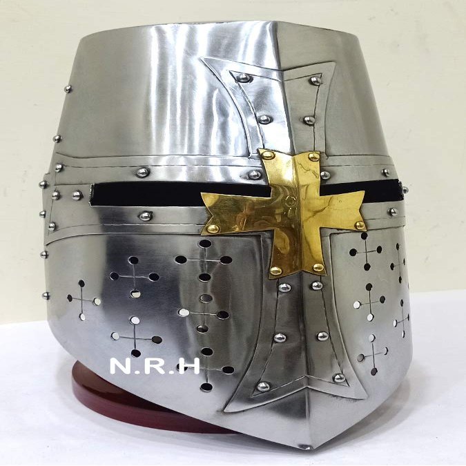 Nautical Replica Hub Brass Crusader Helmet | Halloween Medieval Metal Knight Helmets Medieval Costumes LEATHER LINER W/Stand