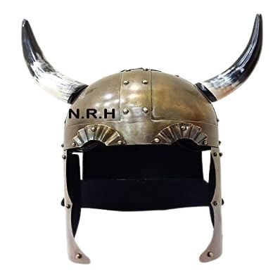 Nautical Replica Hub Antique Brass Horned Viking Helmet W/Stand Guards - Wearable Costume Armor Halloween Helmet