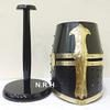 Medieval Knight Crusader Templar Helmet Black Mason Brass Cross Halloween Helmet with Liner Wooden Stand view 2
