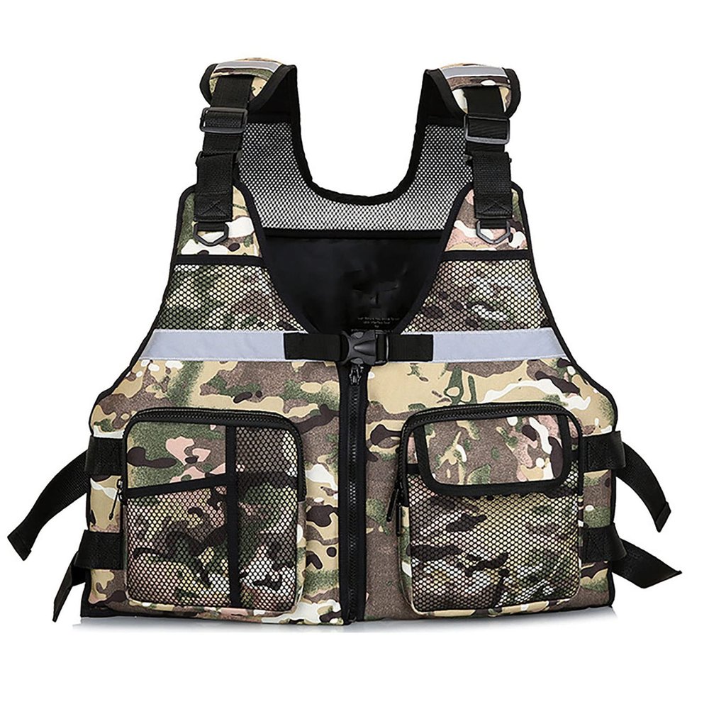 7HAHA3 Camouflage Sea Fishing Vests Professional Rock Fishing Jacket Multi Pockets Night Reflected Buoyancy Suit,Green