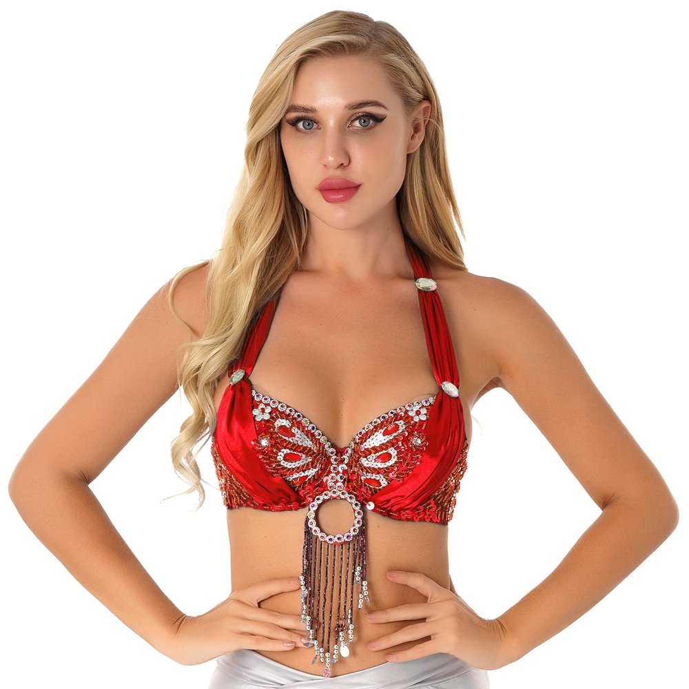 ACSUSS Women Belly Dance Costume Bra Top Halter Sparkle Rhinestone Tassel Sequins Bralette Dancewear Red One Size