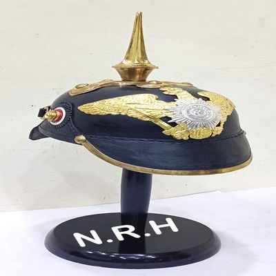 Nautical Replica Hub WWI & II German PICKELHAUBE Hessen Spike Halloween Helmet | Leather Prussian Bavarian Helmet | Brass Military Officer Mens Costume W/Stand