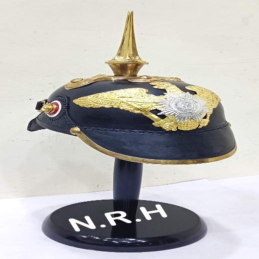 Nautical Replica Hub WWI & II German PICKELHAUBE Hessen Spike Halloween Helmet | Leather Prussian Bavarian Helmet | Brass Military Officer Mens Costume W/Stand