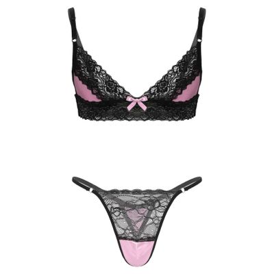 easyforever Mens Sissy Two Piece Lingerie Set Lace Trim Cami Bra Pajama Set Crossdress Sleepwear Nightwear Pink Medium