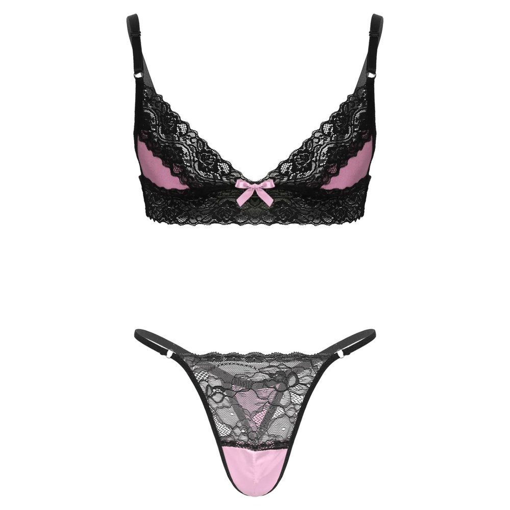 easyforever Mens Sissy Two Piece Lingerie Set Lace Trim Cami Bra Pajama Set Crossdress Sleepwear Nightwear Pink Medium