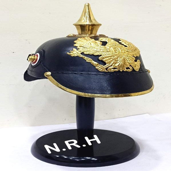 Nautical Replica Hub Imperial German Spiked Pickelhaube Officer Halloween Helmet- Black Leather & Brass With Wooden Stand