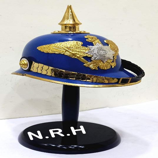 German Pickelhaube Helmet | Leather Pickelhaube Imperial Prussian Halloween | Brass Military Officer Blue Helmet W/Stand
