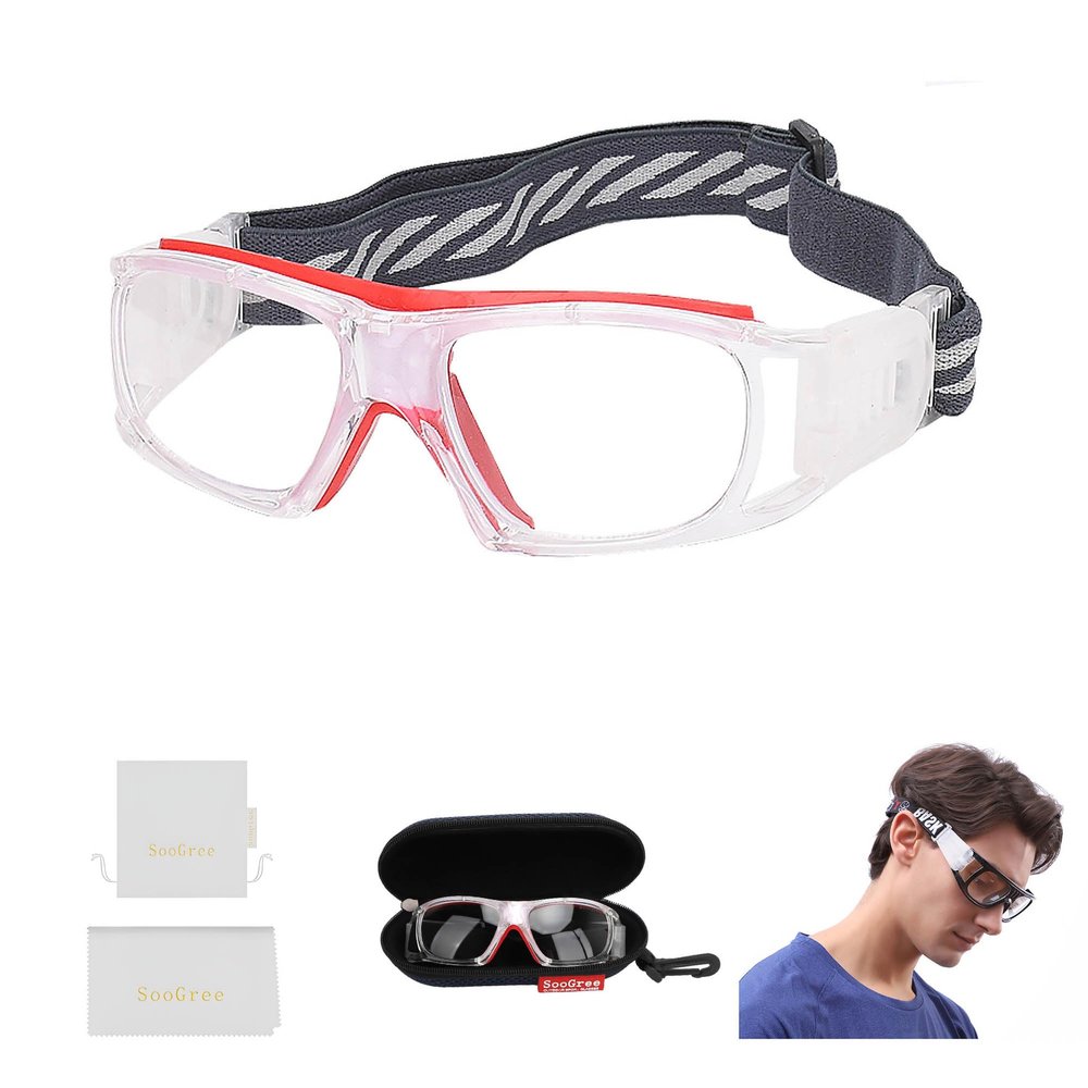 SooGree Sport Goggles Basketball Soccer Football Sports Protective Eyewear Eye Safety Glasses Men Women Racquetball Goggles Lens Replaceable (Transparent Frame Red Pad)