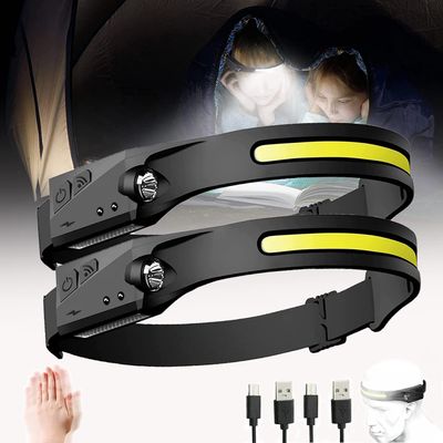 Strip Light Pro Headlamp, 230 Wide-Beam Headlight Flashlight, USB Rechargeable Headlamp with Motion Sensor- 2 COB 5 Modes Lightweight Waterproof Headlight for Indoor/Outdoor (2Pcs)