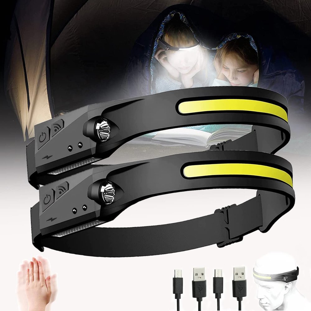 Strip Light Pro Headlamp, 230 Wide-Beam Headlight Flashlight, USB Rechargeable Headlamp with Motion Sensor- 2 COB 5 Modes Lightweight Waterproof Headlight for Indoor/Outdoor (2Pcs)