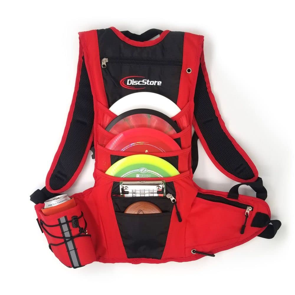 Disc Store Trekker Golf Backpack - Padded Bag for Discs & Accessories, Frisbee Set Storage, Water Bladder Ready, Red