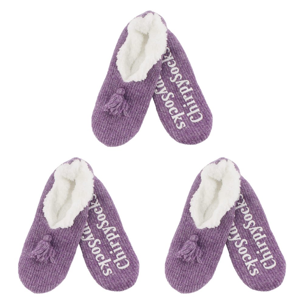 BambooMN Adult Women Soft Warm Cozy Fancy Yarn Slippers Non-Slip Lined Socks, Indoor Comfy House Slippers, Large, Purple, 3 Pairs