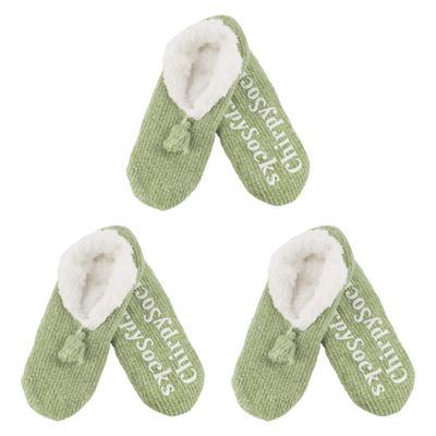 BambooMN Adult Women Soft Warm Cozy Fancy Yarn Slippers Non-Slip Lined Socks, Indoor Comfy House Slippers, Large, Sage, 3 Pairs