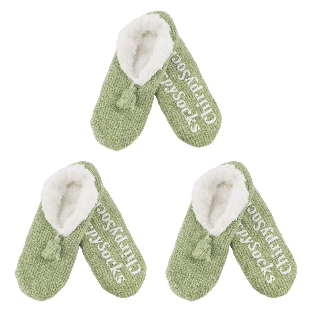 BambooMN Adult Women Soft Warm Cozy Fancy Yarn Slippers Non-Slip Lined Socks, Indoor Comfy House Slippers, Large, Sage, 3 Pairs